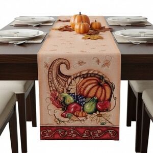 Fall Table Runner Thanksgiving Pumpkin‎ Embroidered Tapestry Cornucopia Decor